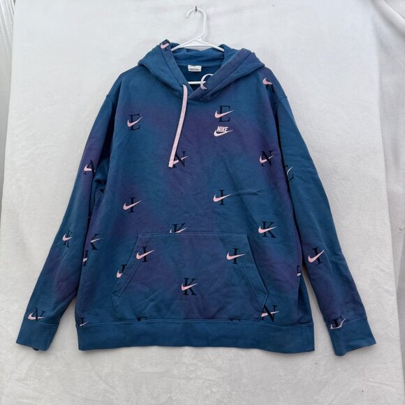 Nike Hoodie Mens XL Blue Geometric Embroidered Logo Fleece Pullover - Picture 1 of 10
